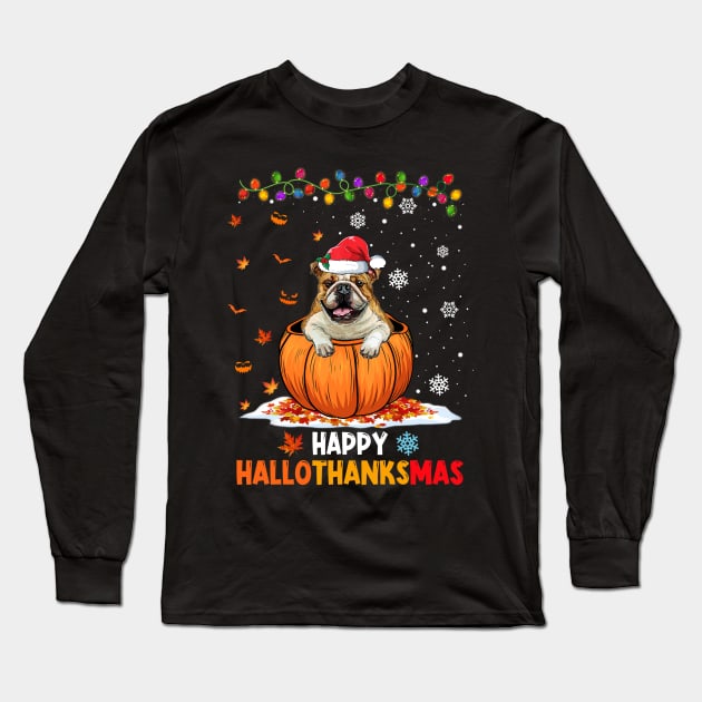 Pug On Pumpkin Happy Hallothanksmas Long Sleeve T-Shirt by Magazine